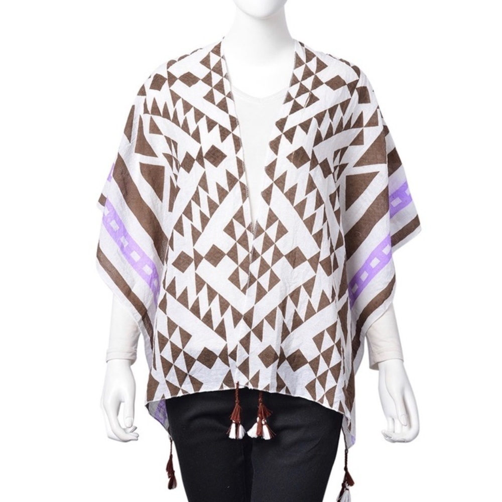 Cotton Santa Fe Pattern Kimono with Tassels White, Purple, and Brown - Picture 5 of 7